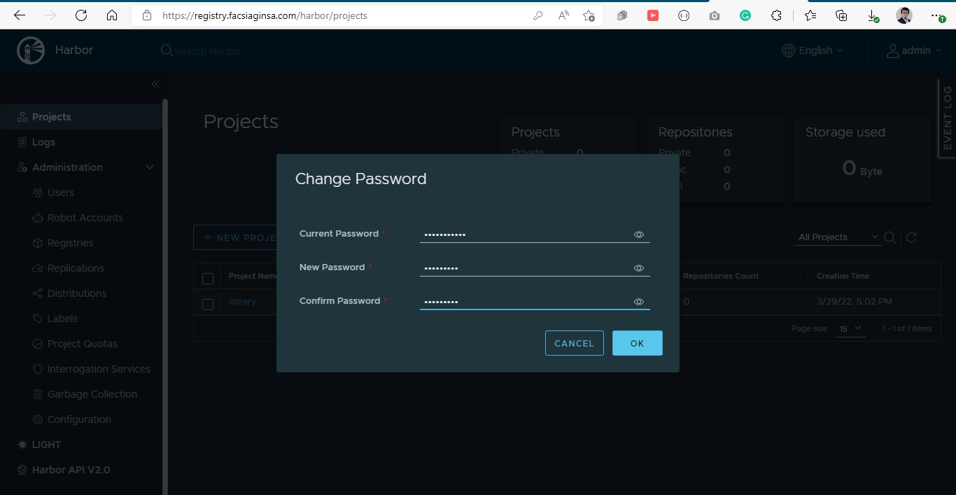 Changing the admin password in Harbor