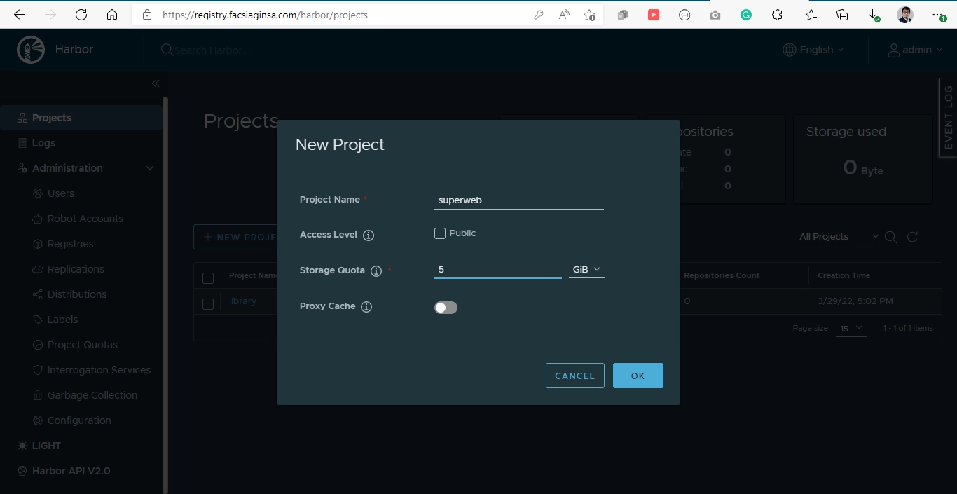 Creating a new project in the Harbor dashboard