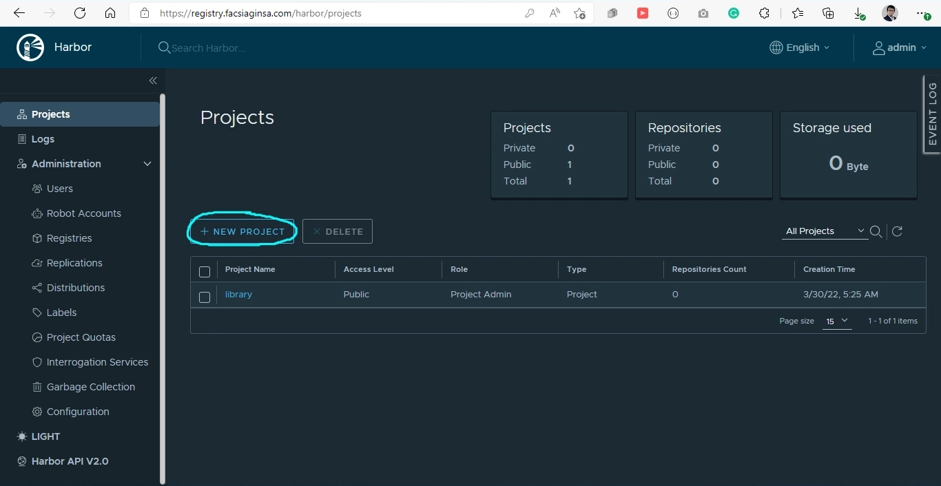 The NEW PROJECT button on the Harbor Projects page