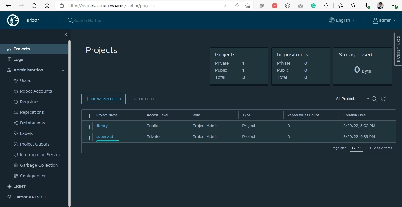 The newly created project listed in the Harbor dashboard