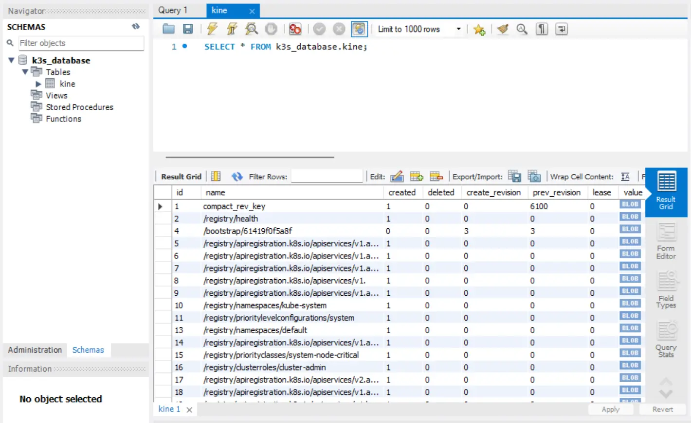 MySQL Workbench showing table called kine